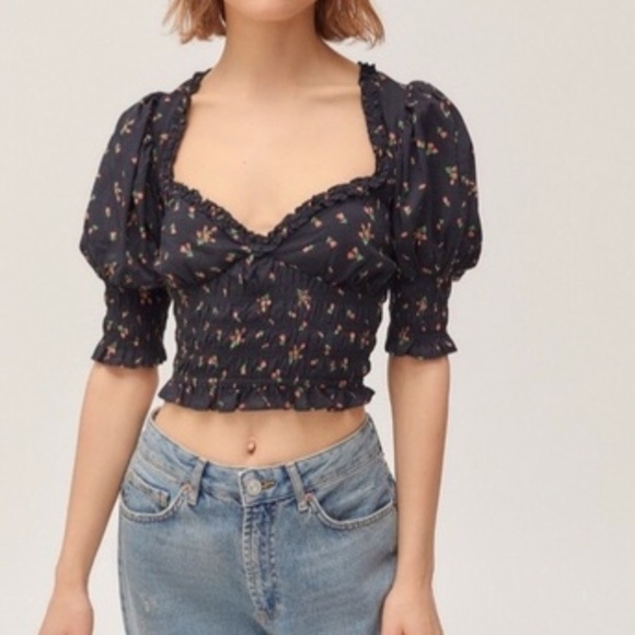 Urban Outfitters Black Floral Rose Print Puff Sleeve Smocked Blouse Top - Picture 2 of 11